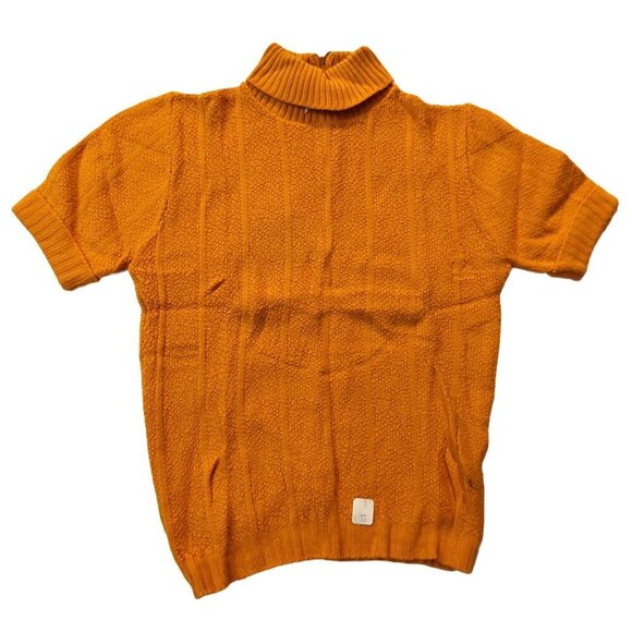 40s-80s Vintage Sweaters - Vintage 1940s-1950s Short Sleeve Mustard Yellow Ribbed Mock Turtleneck Sweater